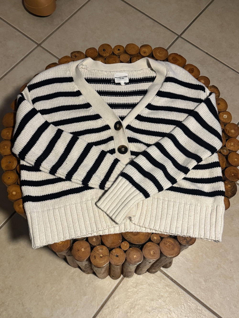 Striped V-Neck Button Cardigan Sweater - White & Black